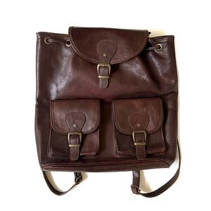 Vintage Brown Genuine Real Leather Backpack Bag Brass Buckles Pockets Drawstring